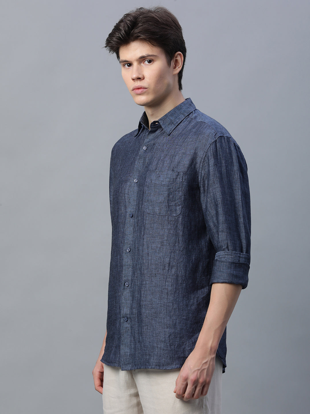 Men's Navy 100% Linen Regular Fit Shirt