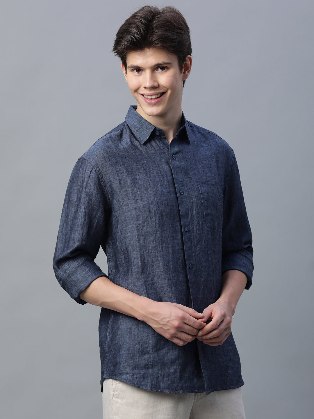 Men's Navy 100% Linen Regular Fit Shirt