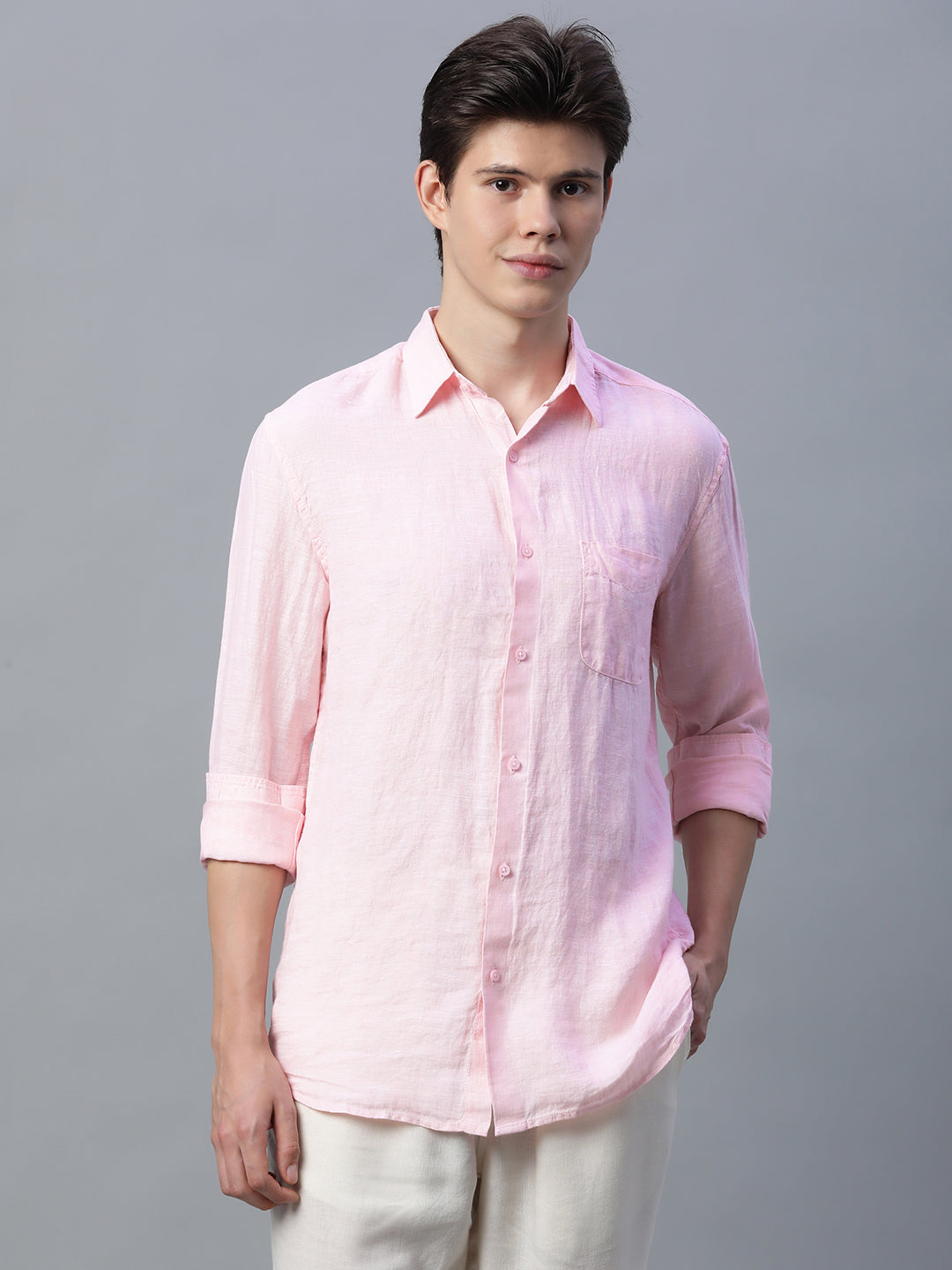 Men's Pink 100% Linen Regular Fit Shirt