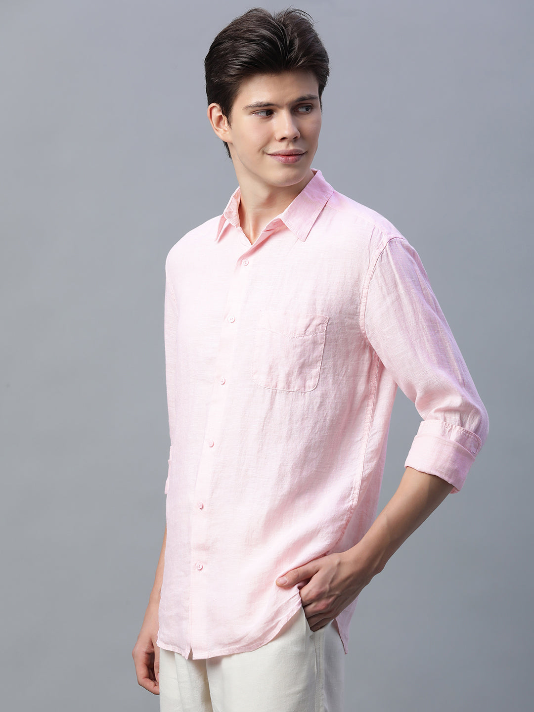 Men's Pink 100% Linen Regular Fit Shirt
