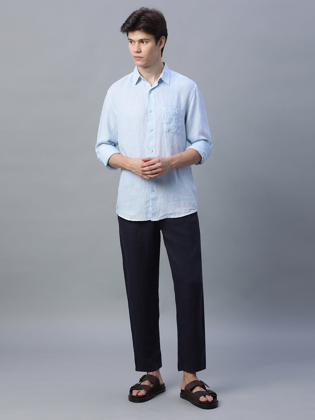Men's 100% Linen Full Sleeve Pocket Shirt Sky