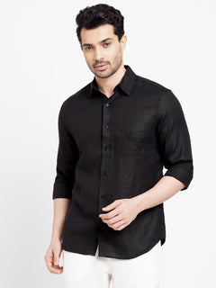 Men’s Linen Regular Fit Button Shirt Black