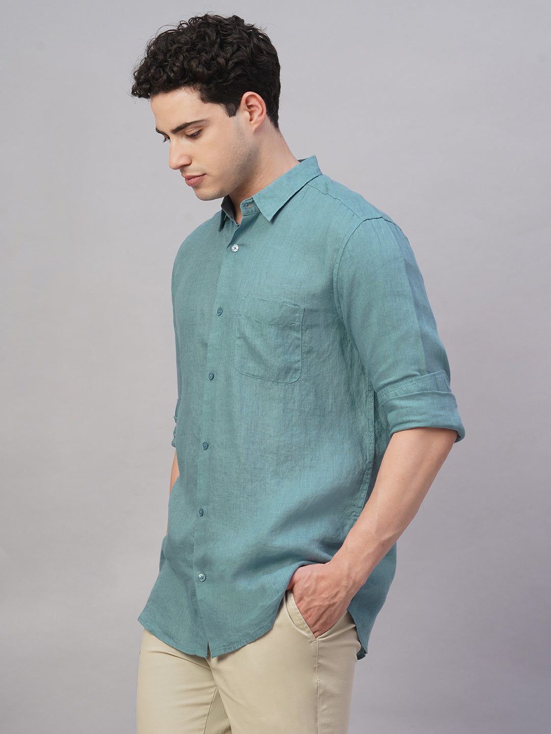 Men's Teal 100% Linen Regular Fit Shirt
