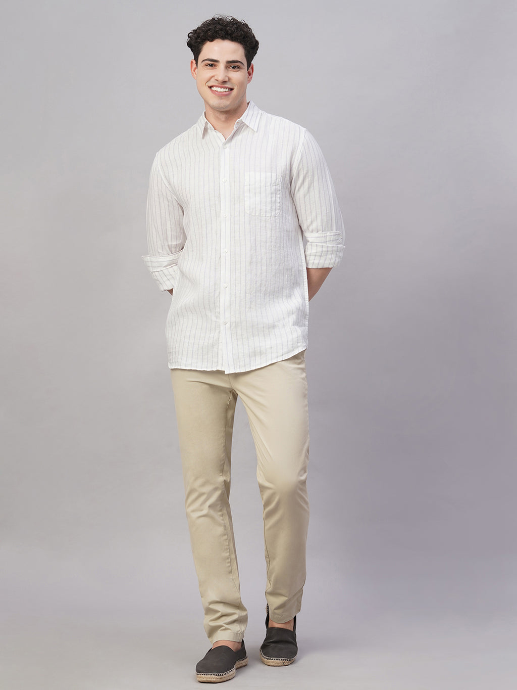 Men's 100% Linen Regular Fit Stripe Shirt Lilac