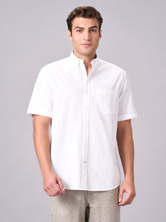 Men’s Cotton Regular Fit Band Collar Short Sleeve Shirt White