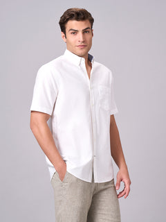 Men’s Cotton Regular Fit Band Collar Short Sleeve Shirt White