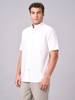 Men’s Cotton Regular Fit Band Collar Short Sleeve Shirt White