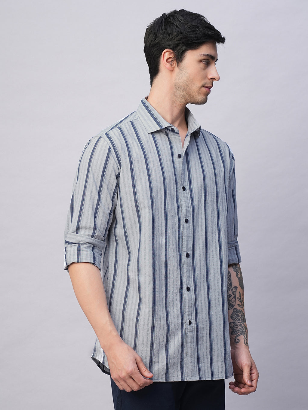 Men's Blue Stripe  Seersucker Slim Fit Shirt