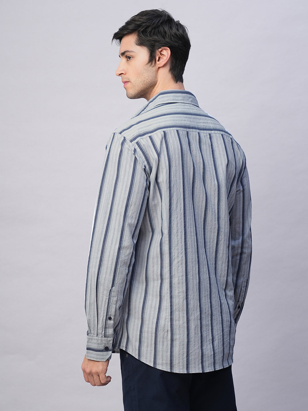 Men's Blue Stripe  Seersucker Slim Fit Shirt