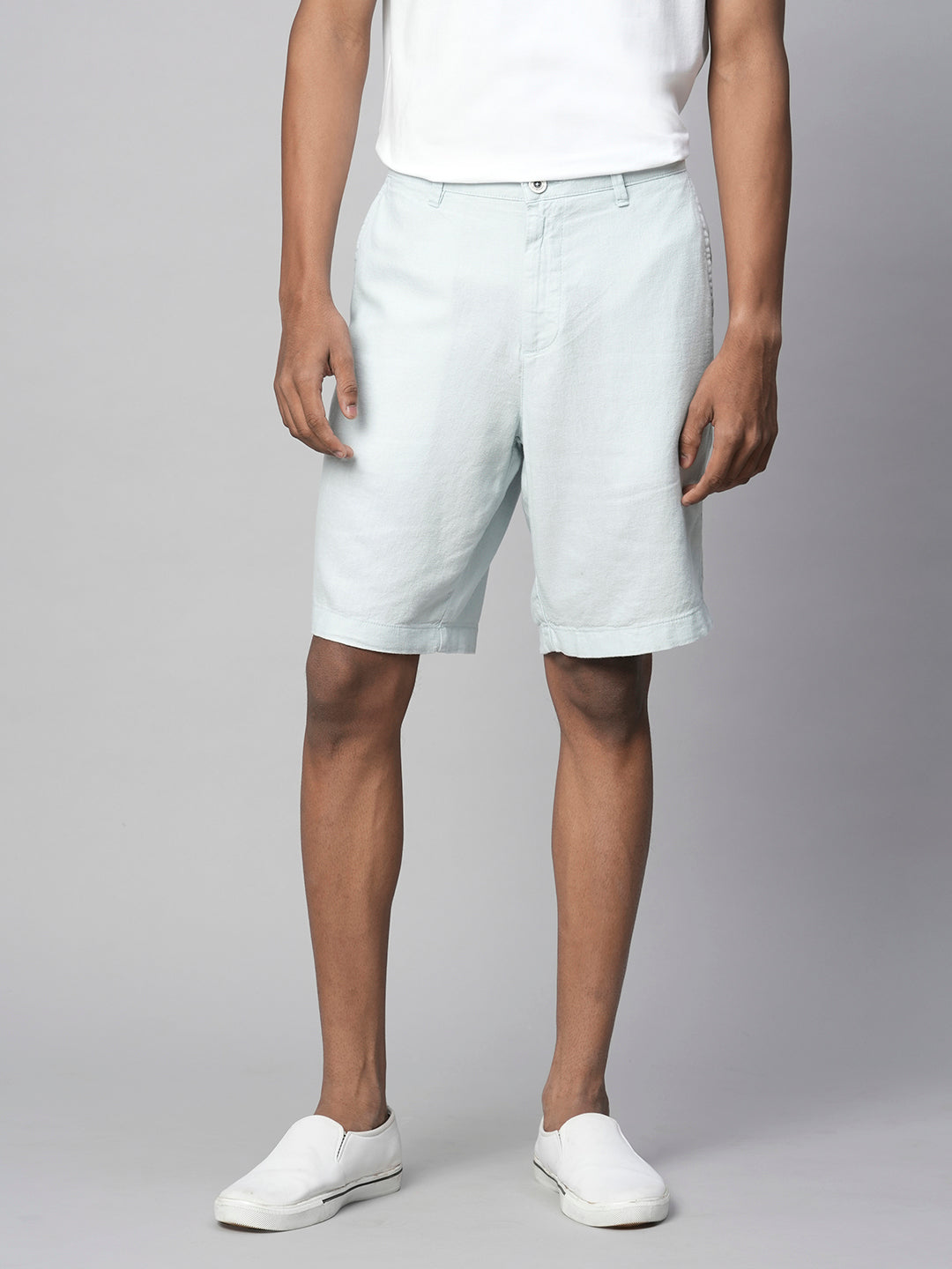 Men's Light Blue Linen Viscose  Regular Fit Shorts