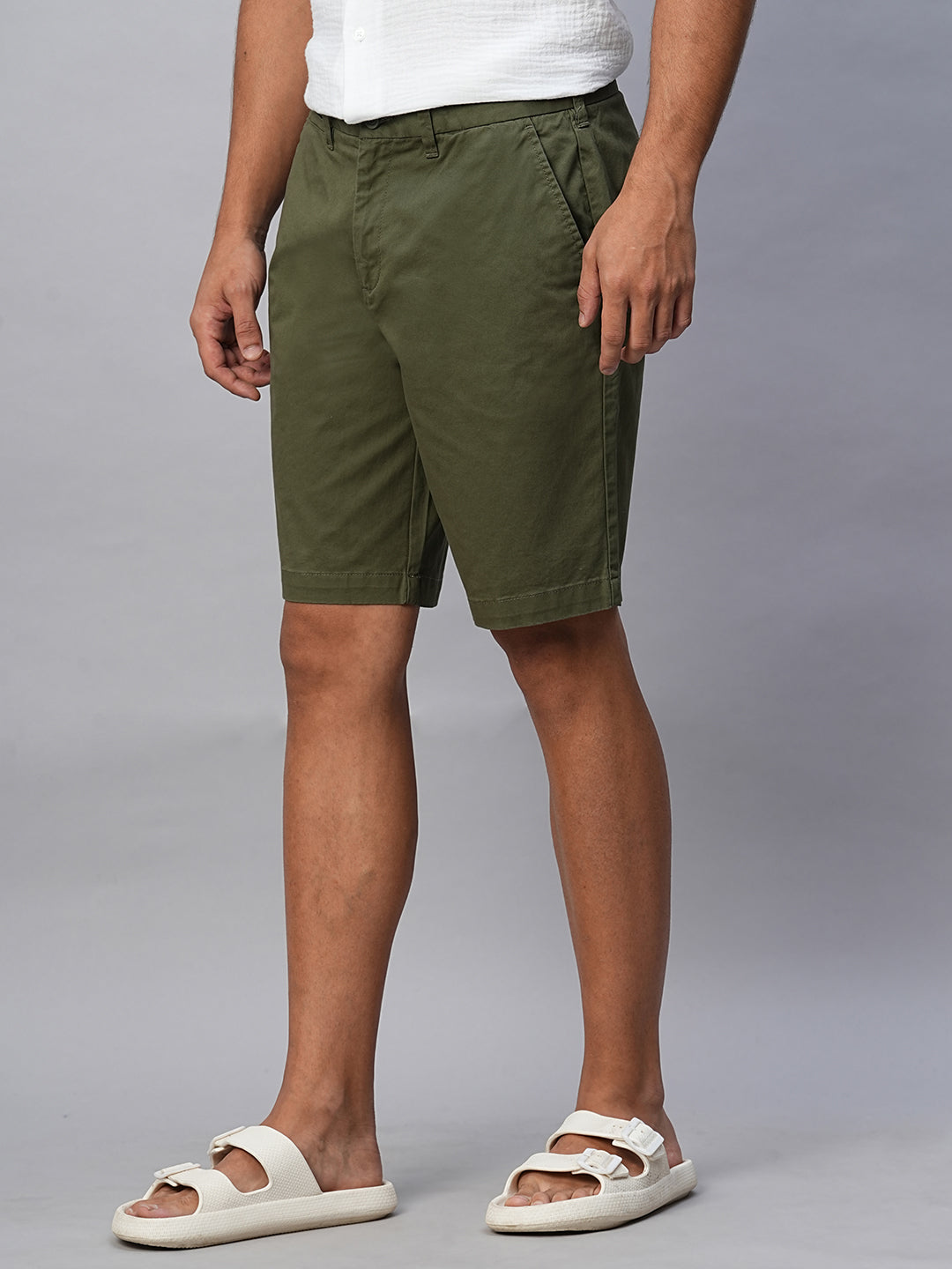 Men's Olive Cotton Lycra Regular Fit Shorts