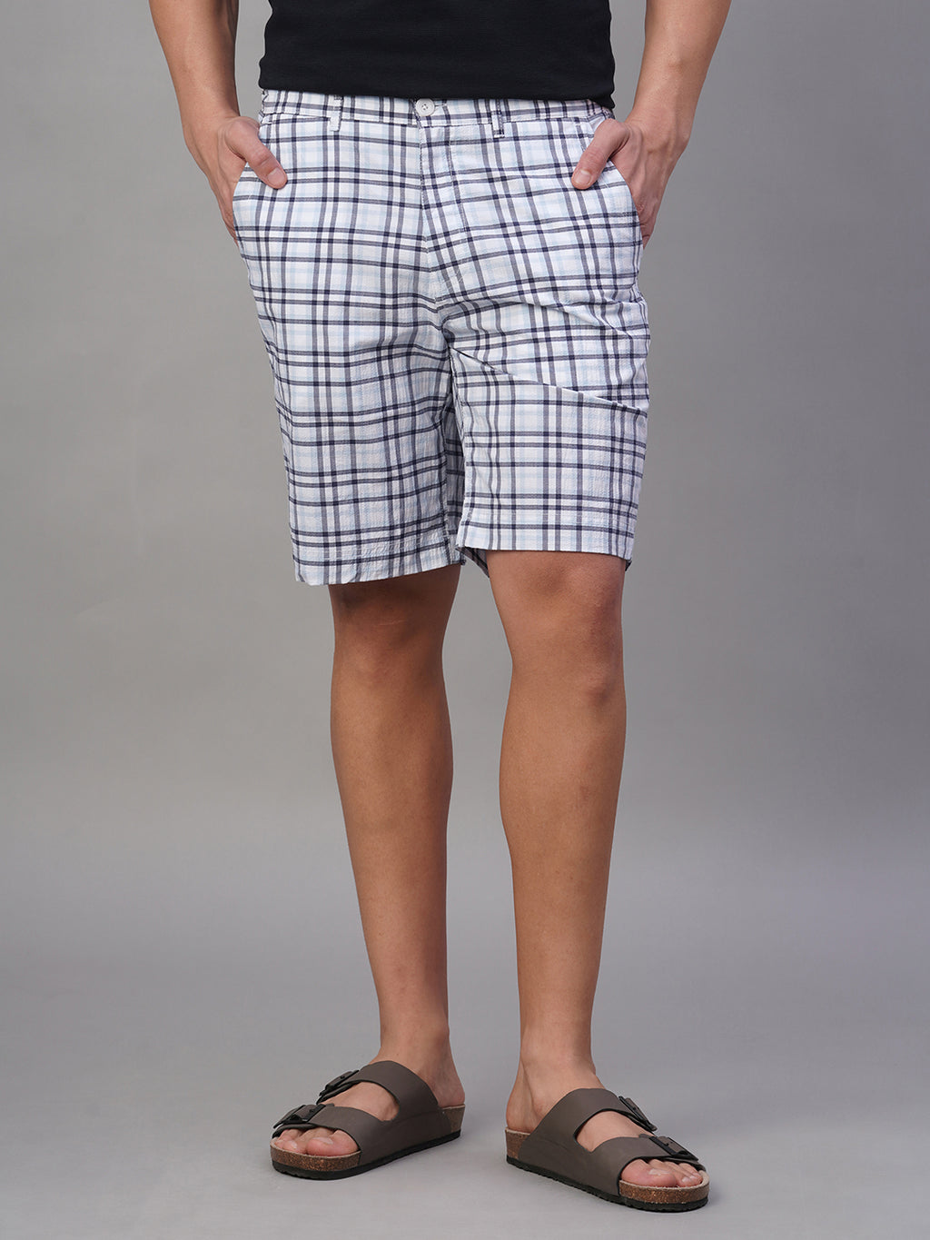 Men's Cotton Linen Regular Fit Button Zip Check Shorts White