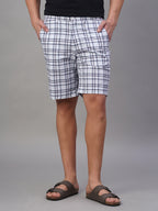 Men's Cotton Linen Regular Fit Button Zip Check Shorts White