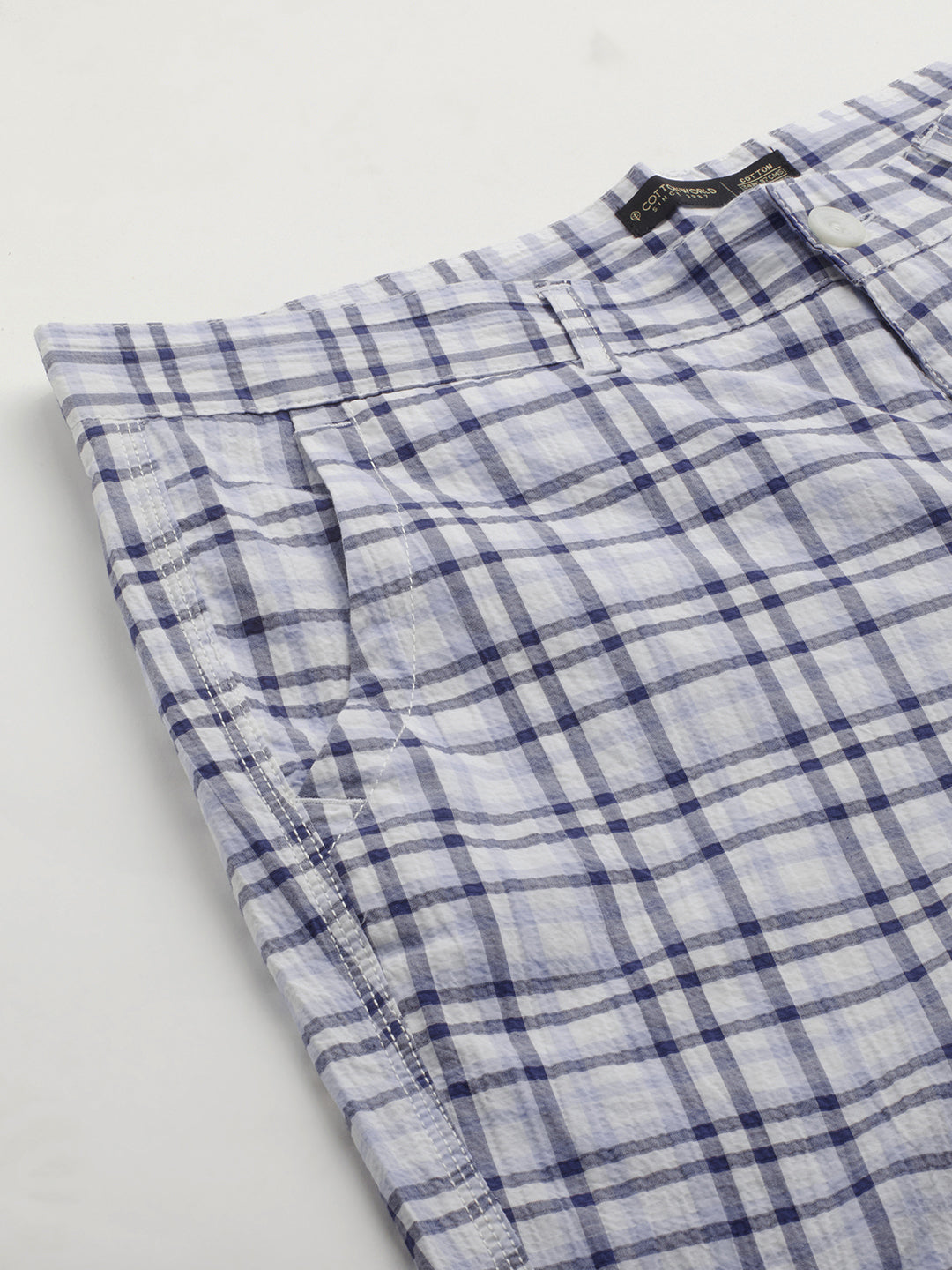 Men's Cotton Linen Regular Fit Button Zip Check Shorts White