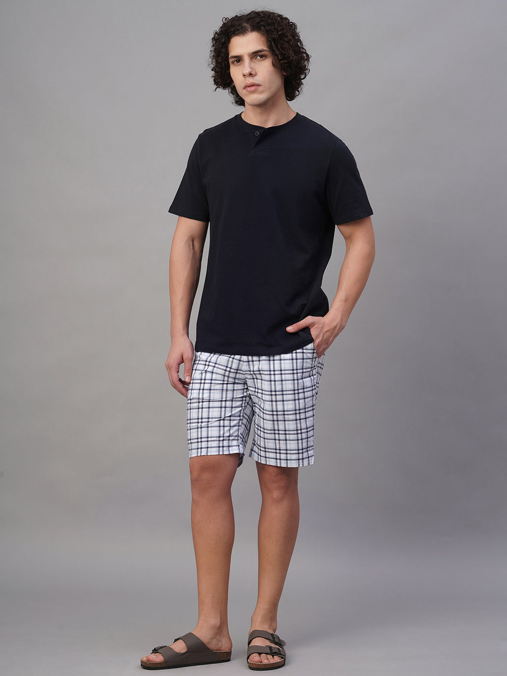 Men's Cotton Linen Regular Fit Button Zip Check Shorts White
