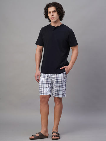 Men's Cotton Linen Regular Fit Button Zip Check Shorts White