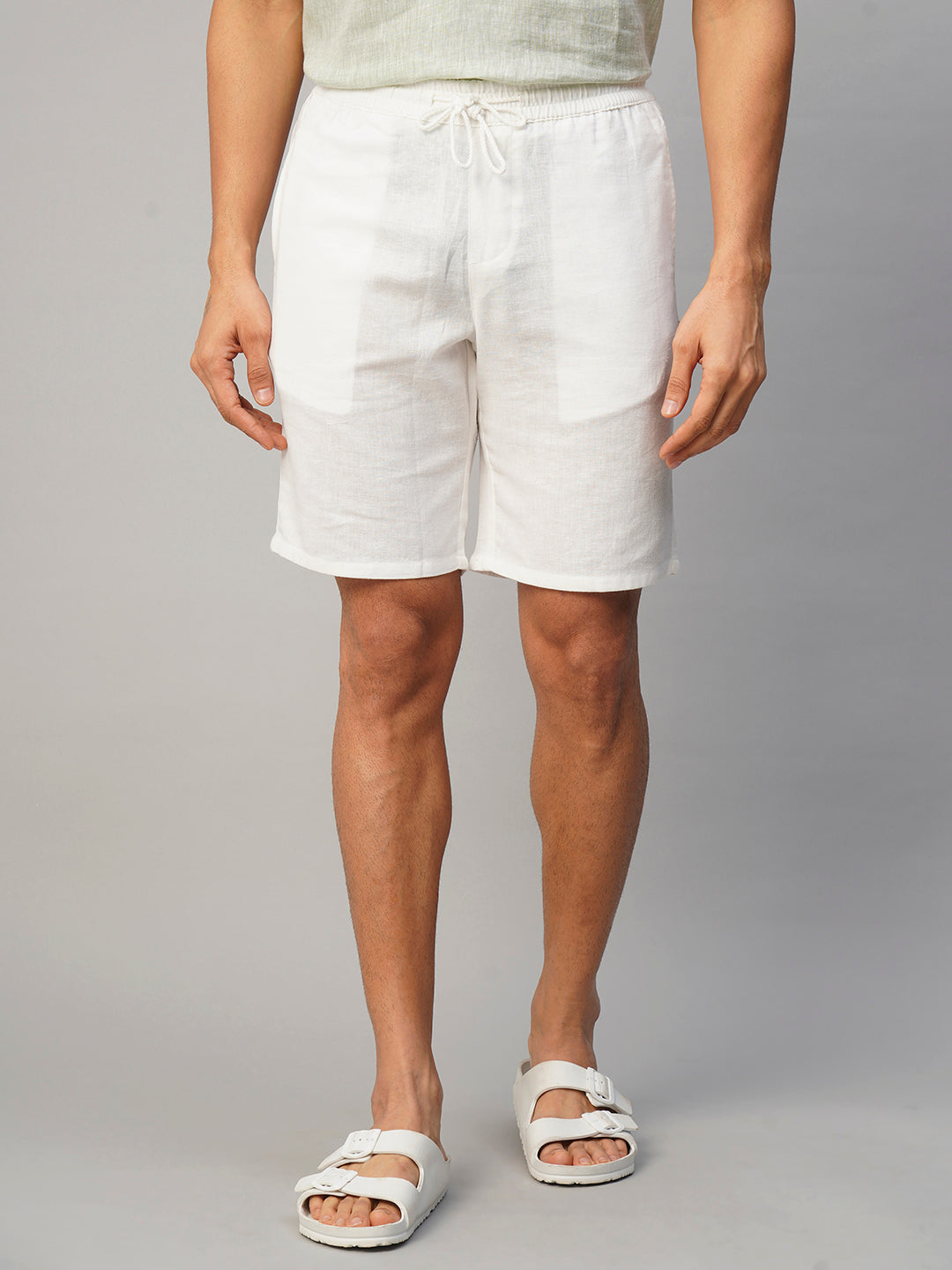 Men's White Cotton Linen Regular Fit Shorts