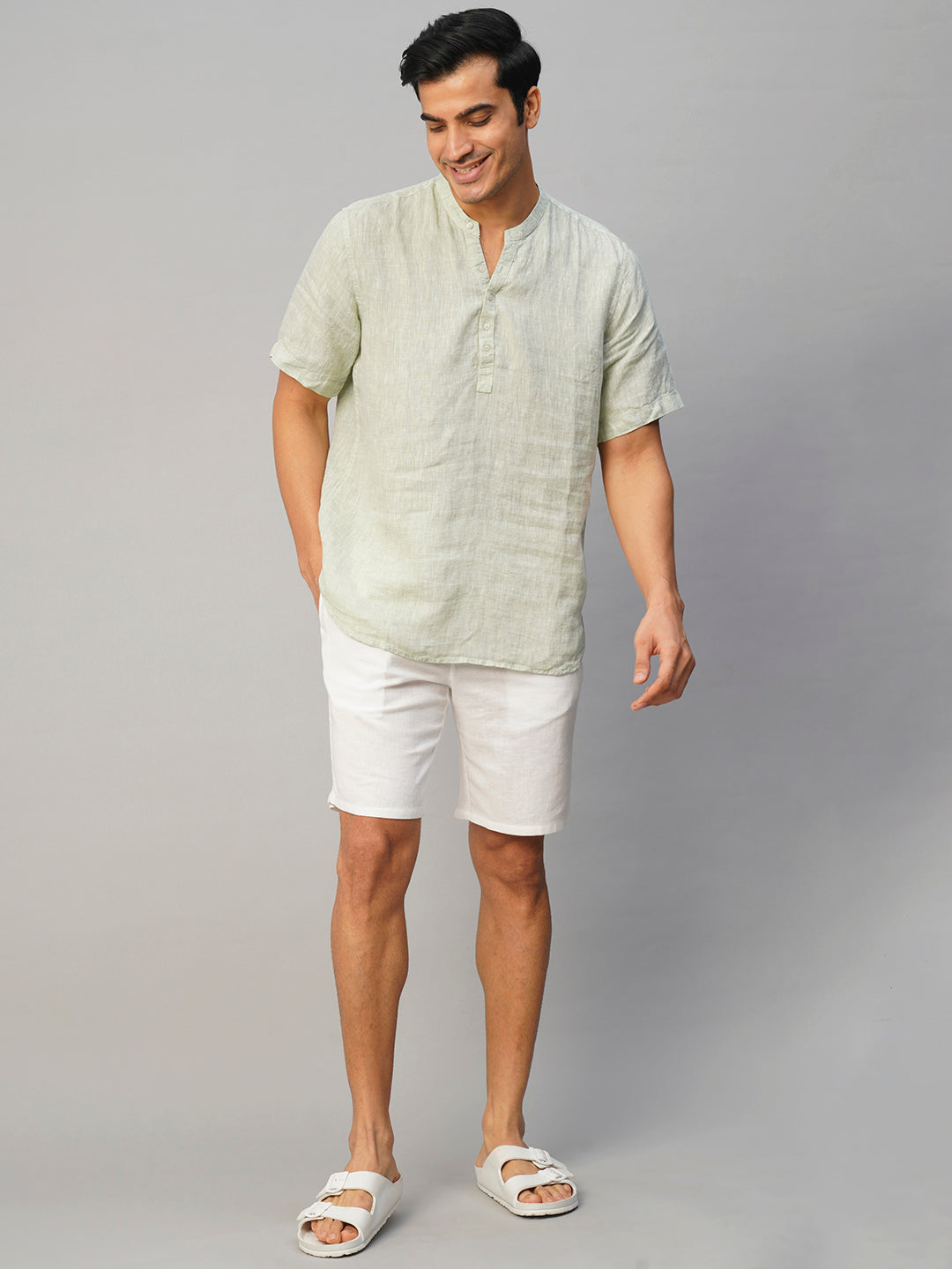 Men's White Cotton Linen Regular Fit Shorts