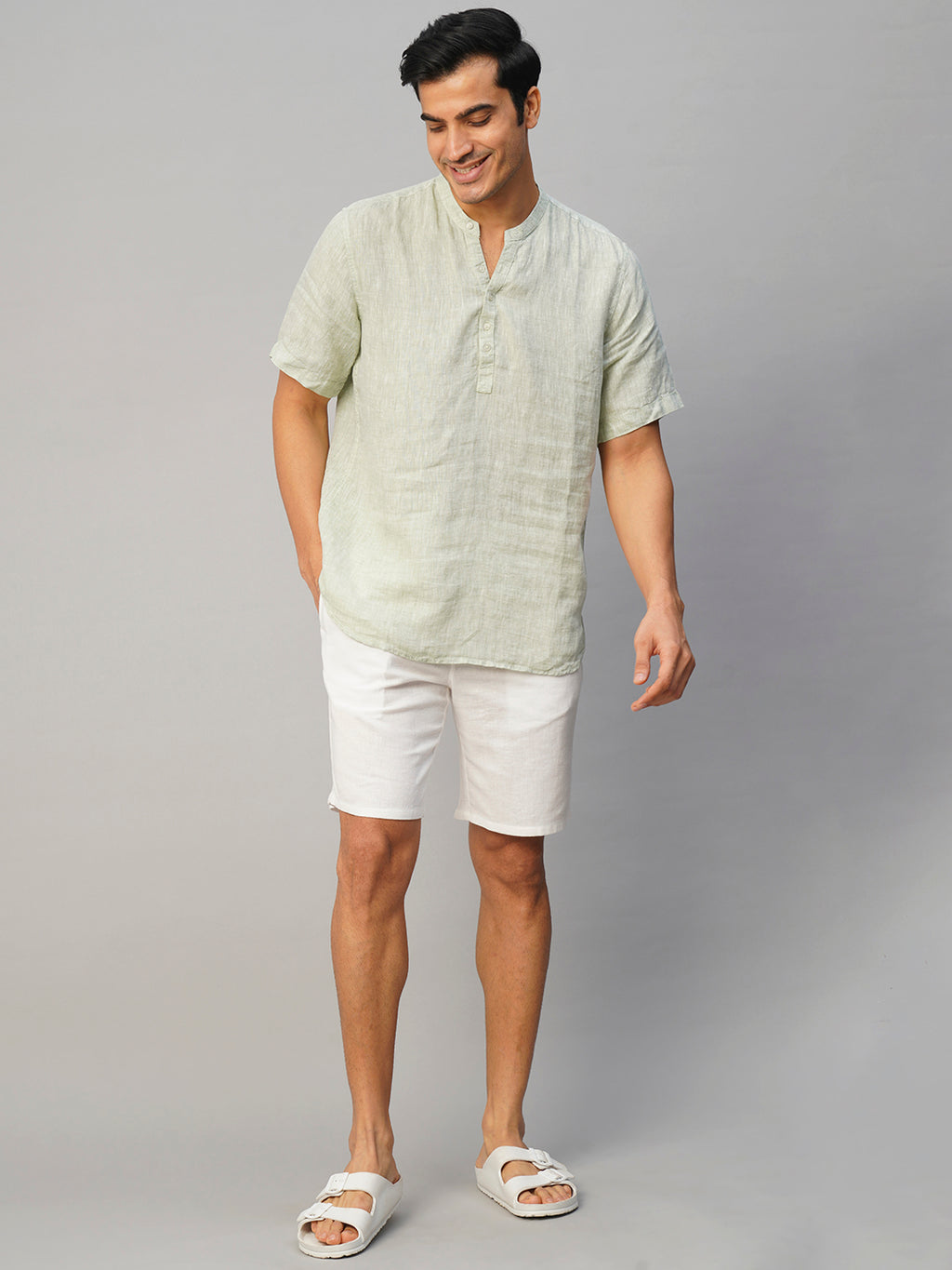 Men's White Cotton Linen Regular Fit Shorts