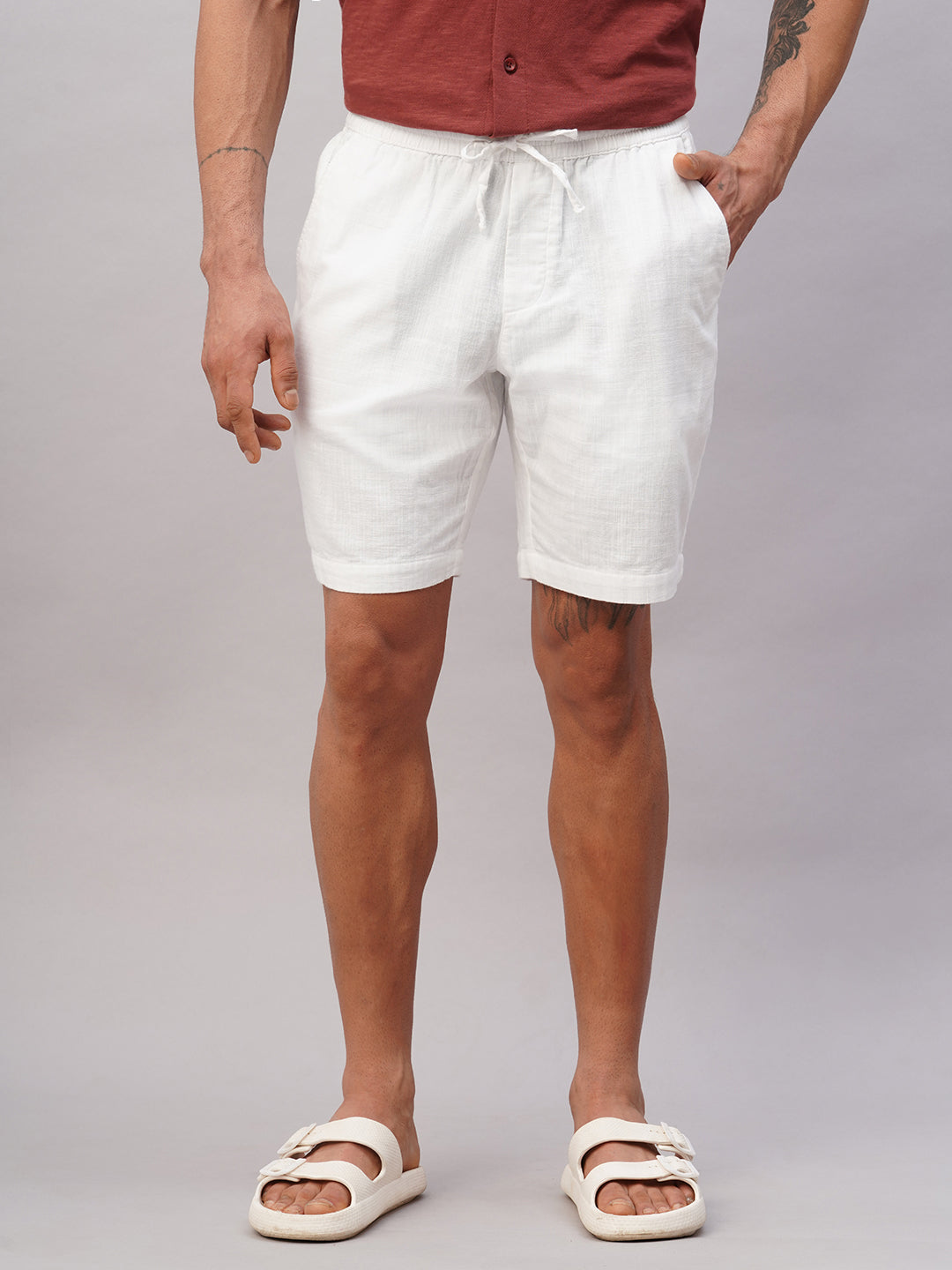 Men's White Cotton Regular Fit Shorts