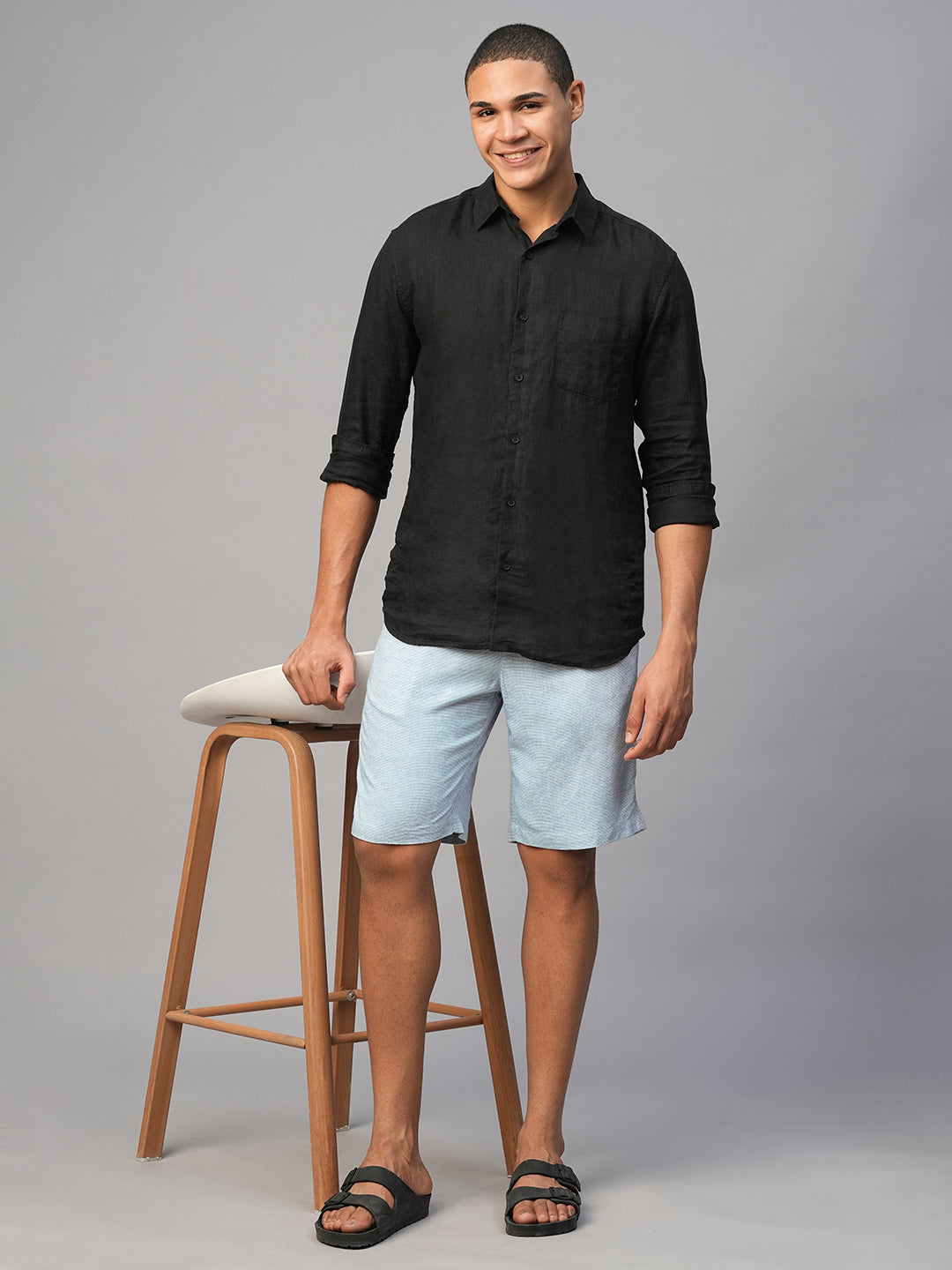 Men's Blue Viscose Linen Regular Fit Shorts