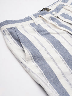Men's Cotton Linen Regular Fit Stripe Bermuda Shorts Navy