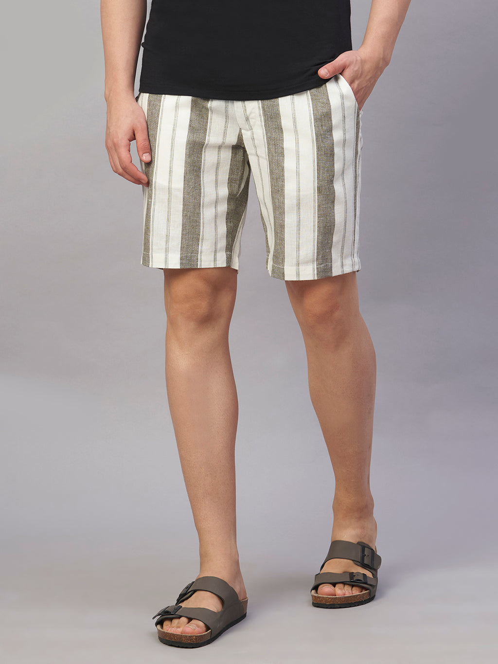 Men's Olive Cotton Linen Regular Fit Shorts