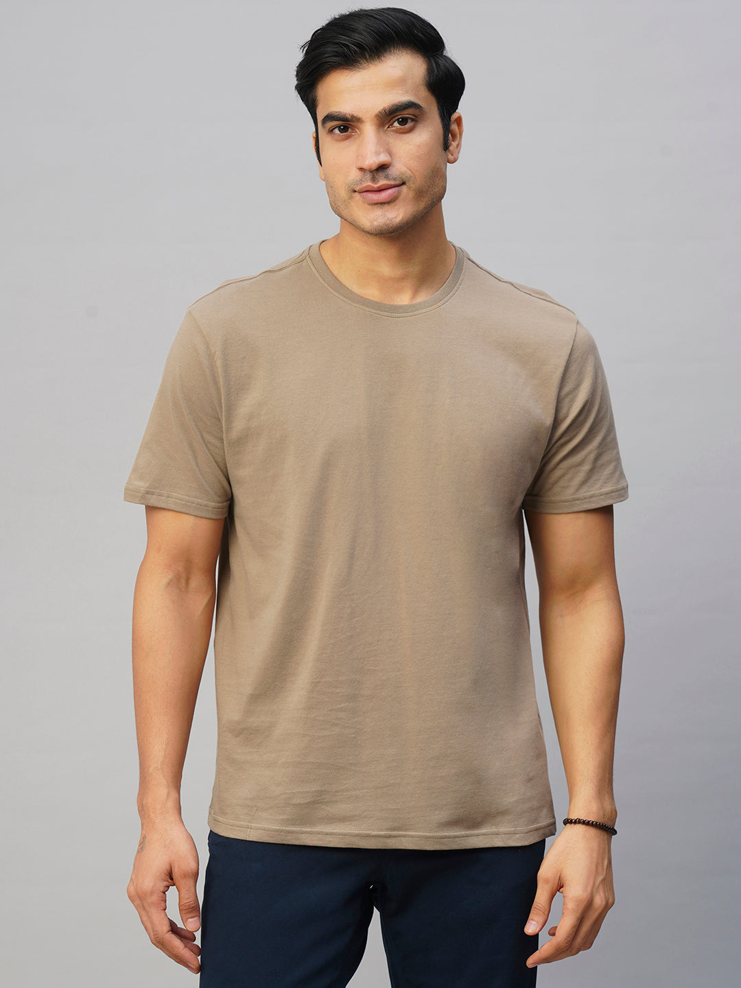 Men's Khaki Cotton Regular Fit Tshirts