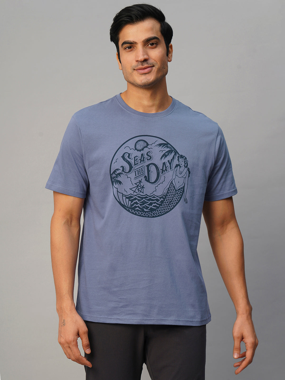 Men's Blue Cotton Regular Fit Tshirt