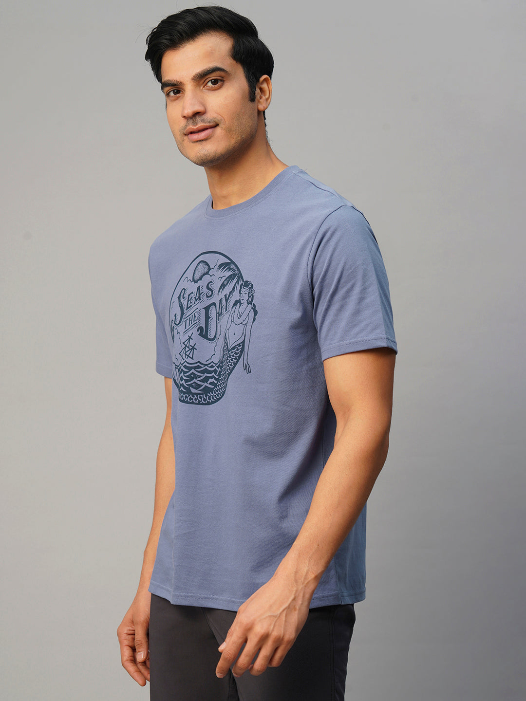 Men's Blue Cotton Regular Fit Tshirt
