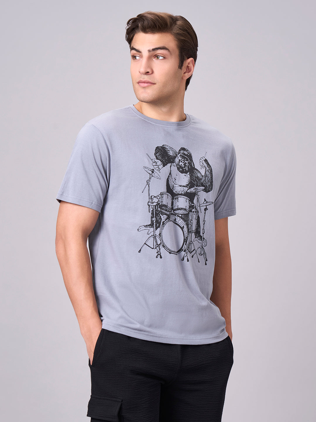 Men's Grey 100% Cotton Regular Fit Tshirt