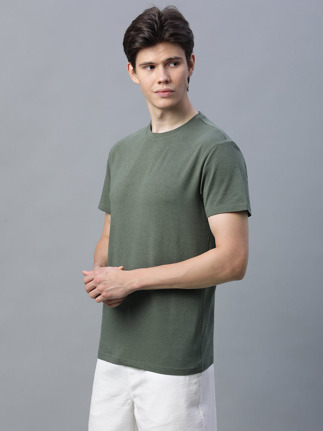Men's Olive Cotton Bamboo Elastane Regular Fit Tshirt