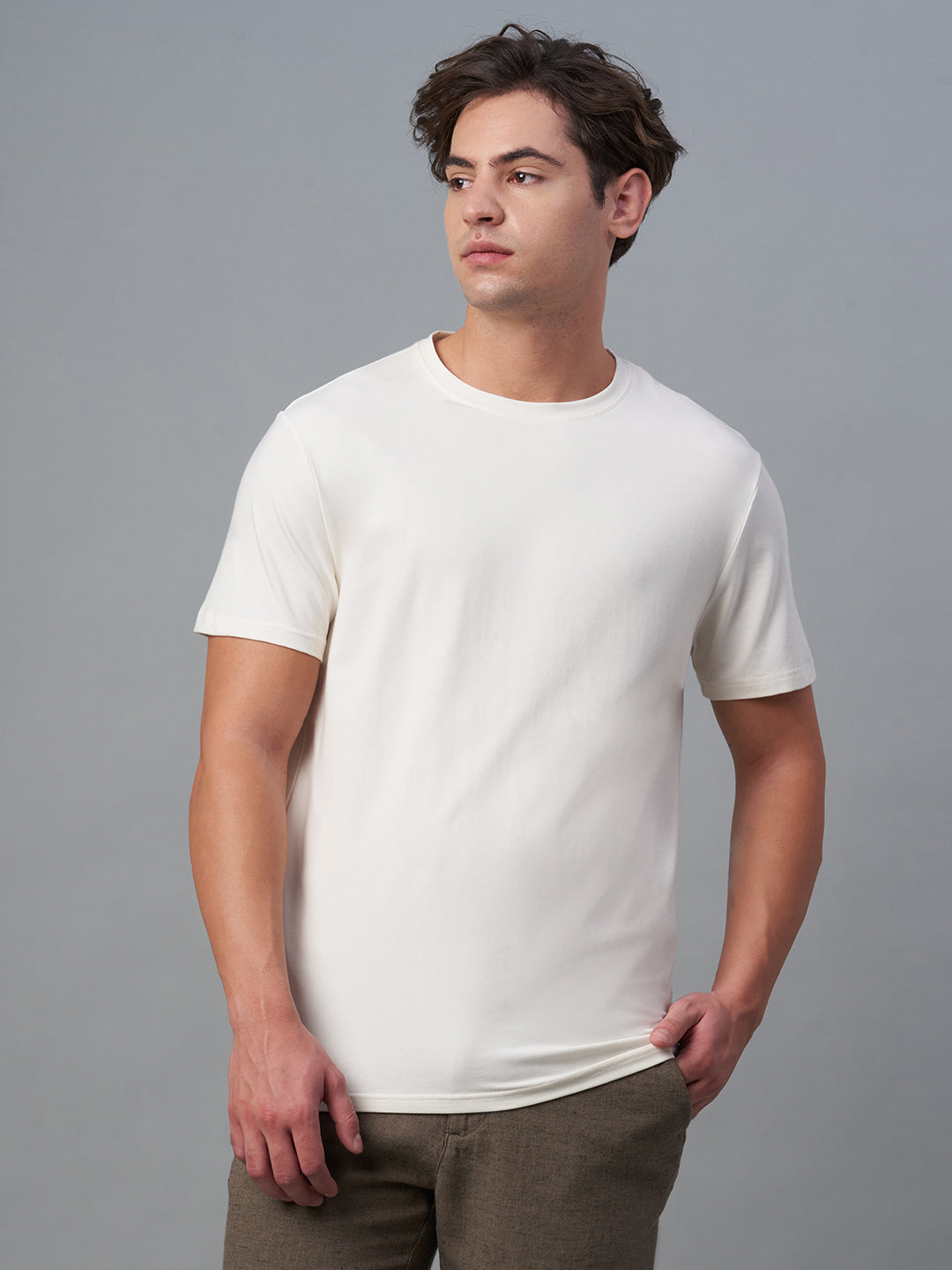 Men's Offwhite Cotton Bamboo Elastane Regular Fit Tshirt