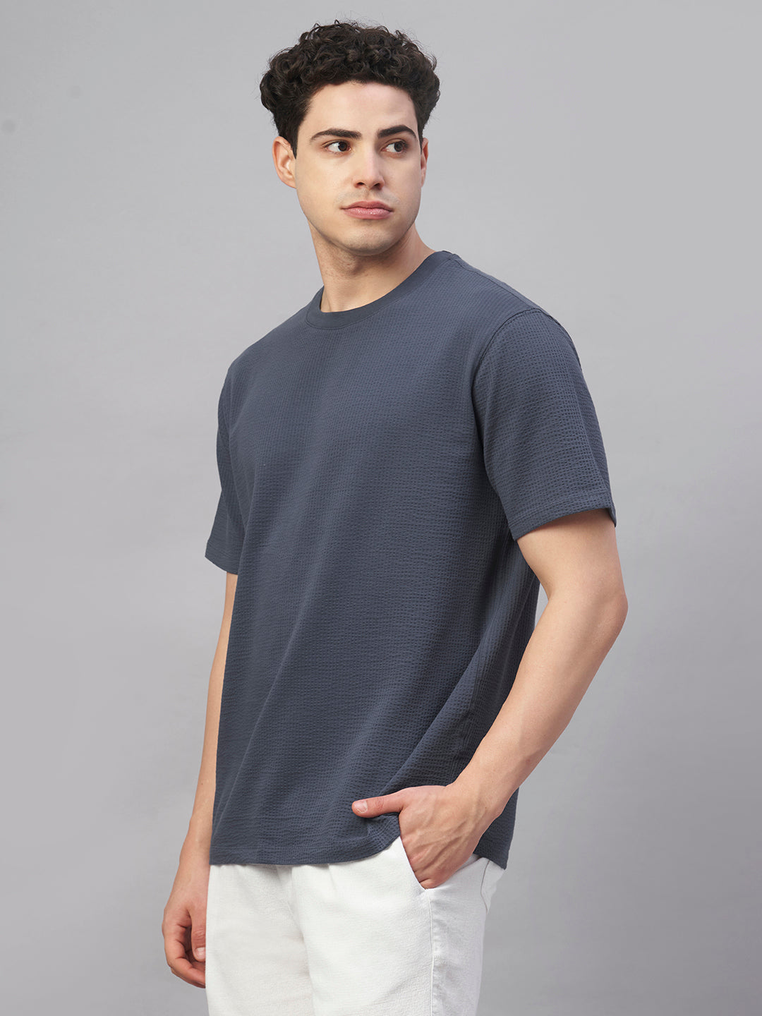 Men's Blue Cotton Elastane Regular Fit Tshirt