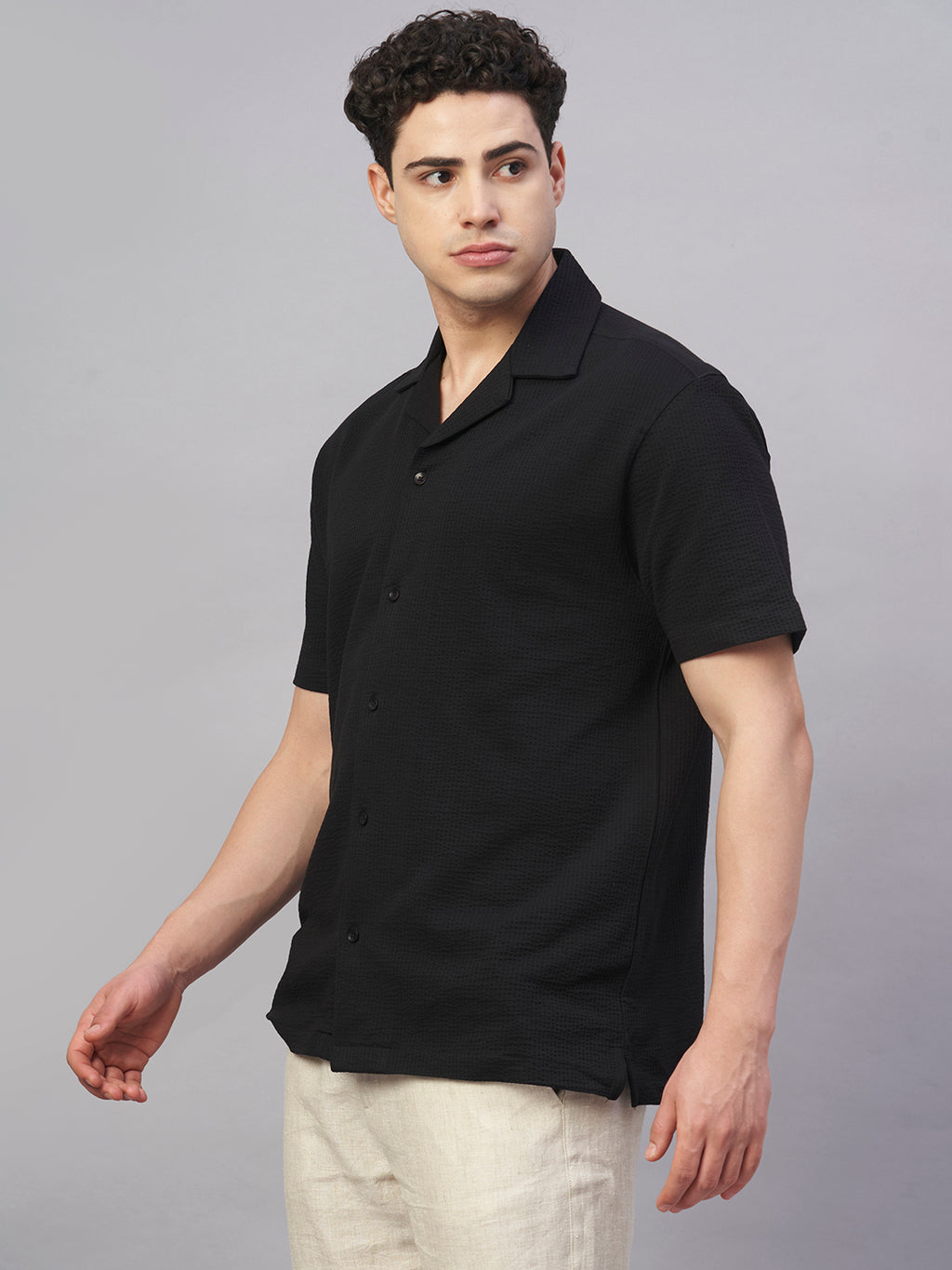 Men's Cotton Elastane Regular Fit Button Front T Shirt Black