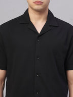 Men's Cotton Elastane Regular Fit Button Front T Shirt Black