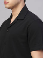 Men's Cotton Elastane Regular Fit Button Front T Shirt Black
