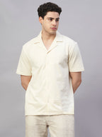 Men's Cotton Elastane Regular Fit Button Front T Shirt Natural