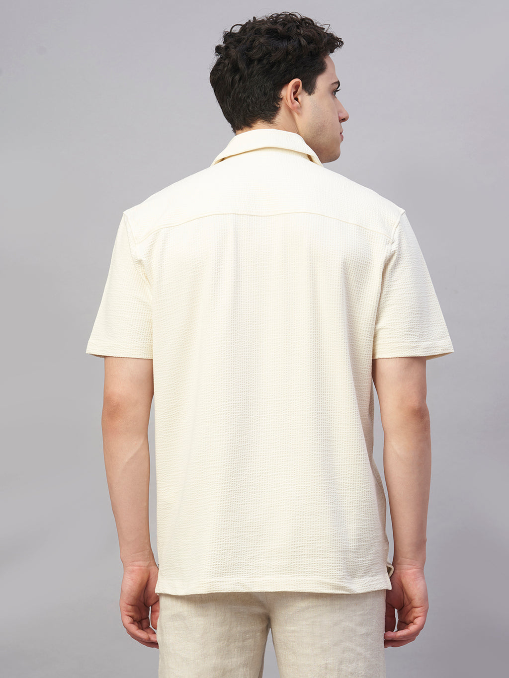 Men's Cotton Elastane Regular Fit Button Front T Shirt Natural