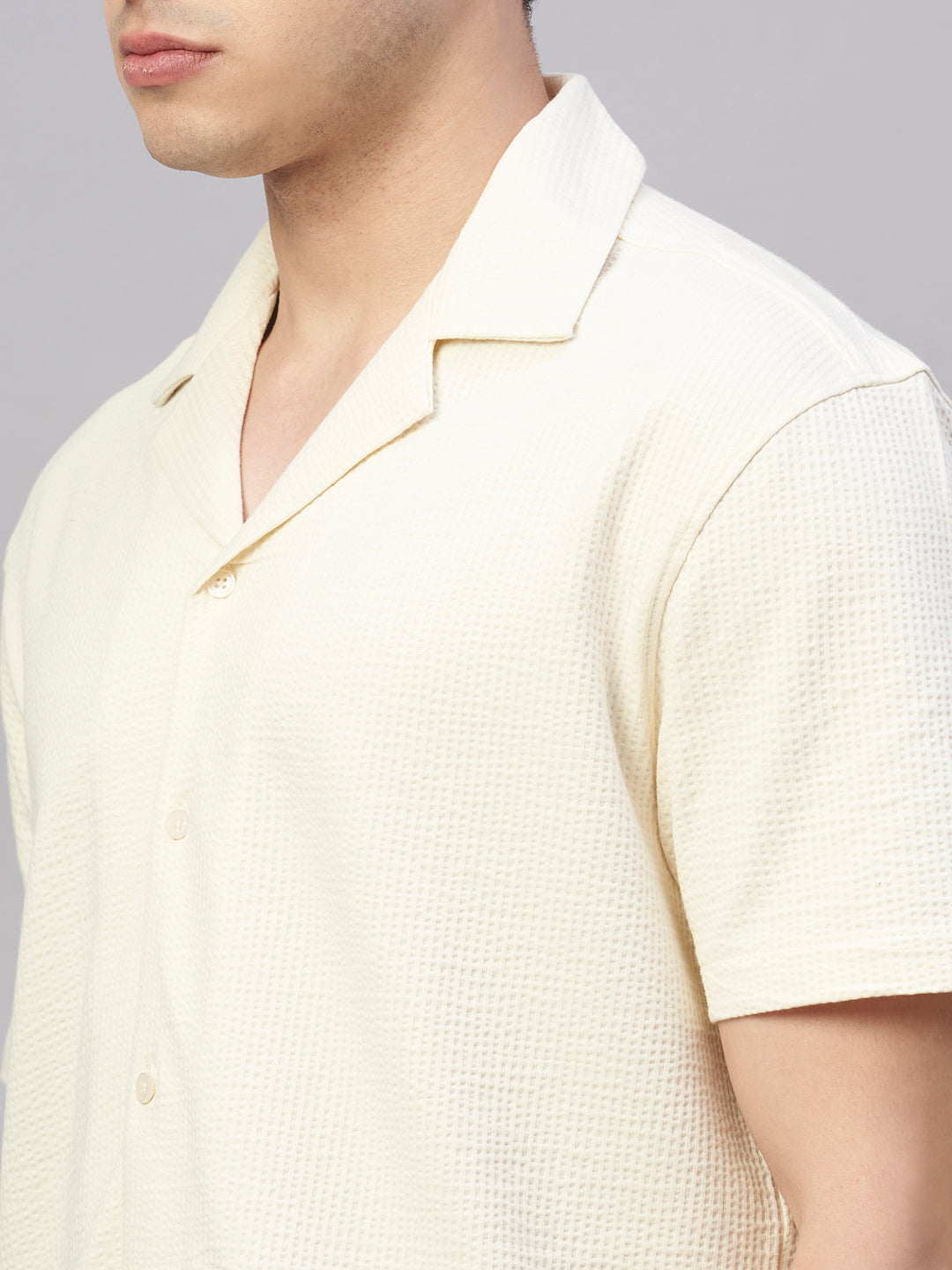Men's Cotton Elastane Regular Fit Button Front T Shirt Natural