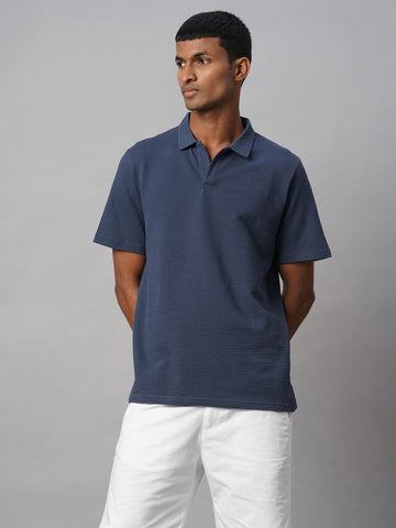 Men's Blue Cotton Elastane Regular Fit Tshirt