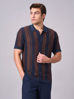 Men's 100% Cotton Stripe Collar T Shirt Navy