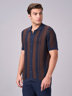 Men's 100% Cotton Stripe Collar T Shirt Navy