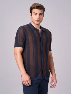 Men's 100% Cotton Stripe Collar T Shirt Navy