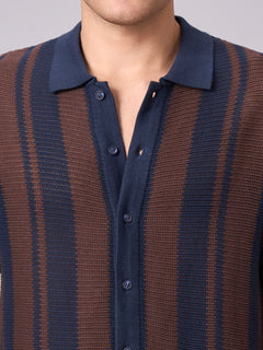 Men's 100% Cotton Stripe Collar T Shirt Navy