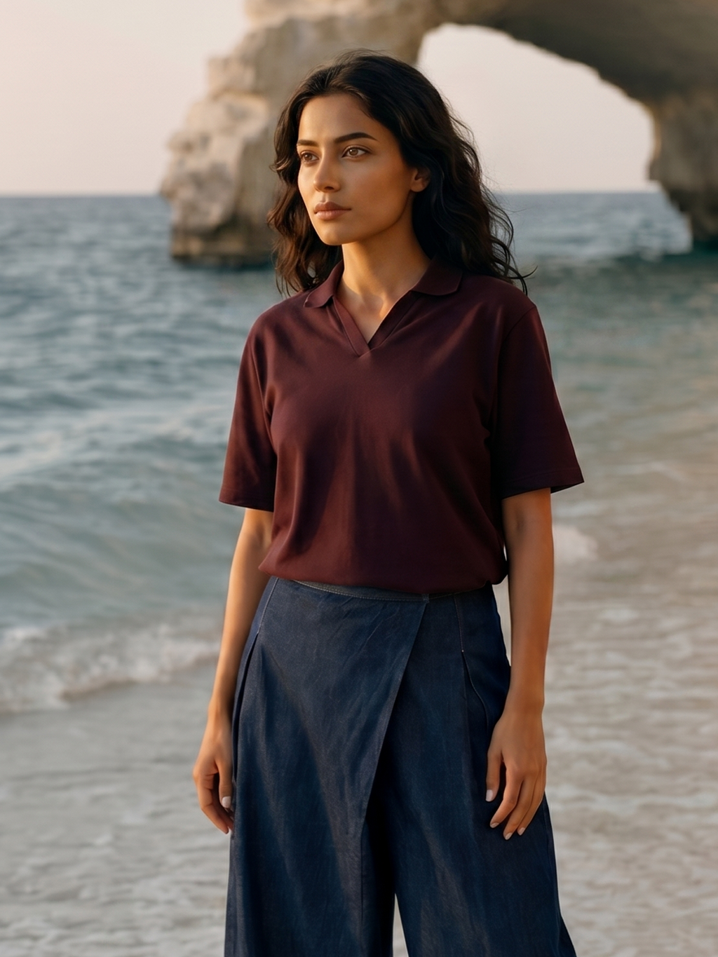 Women's Wine Cotton Elastane Regular Fit Tshirt