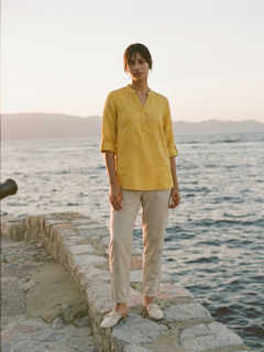 Women's Yellow 100% Linen Regular Fit Blouse