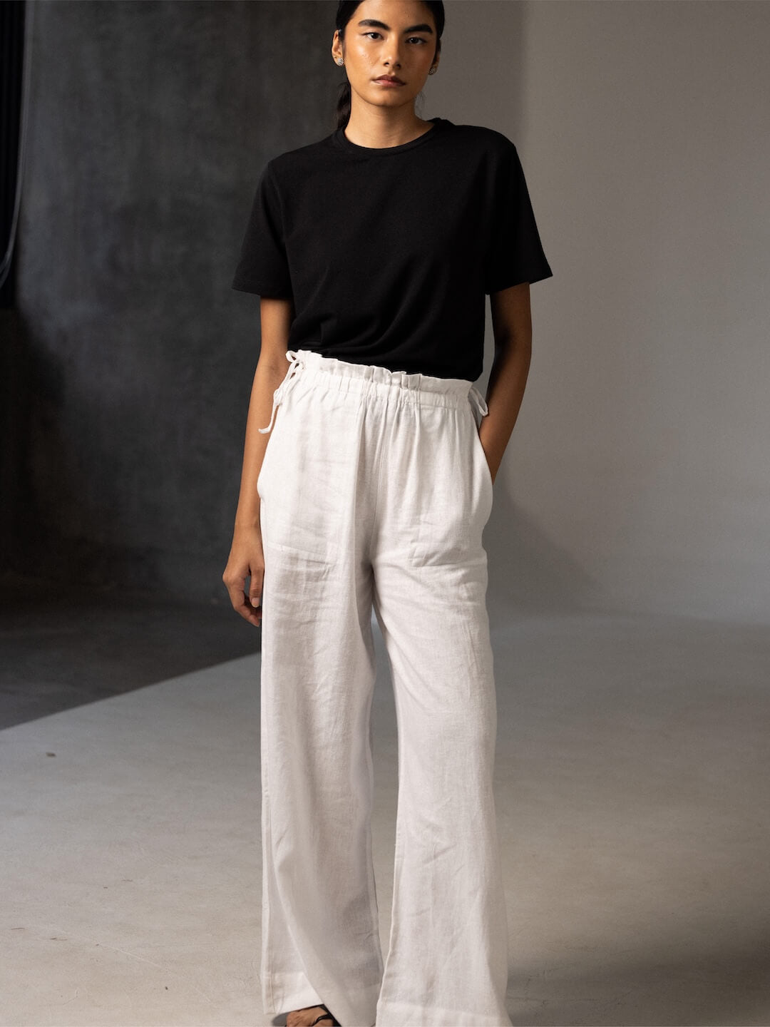 Women's White Linen Viscose Wide Leg Pant