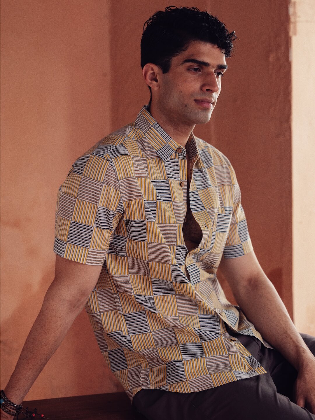 Men's Cotton Hand Block Printed Regular Fit Yellow Shirt