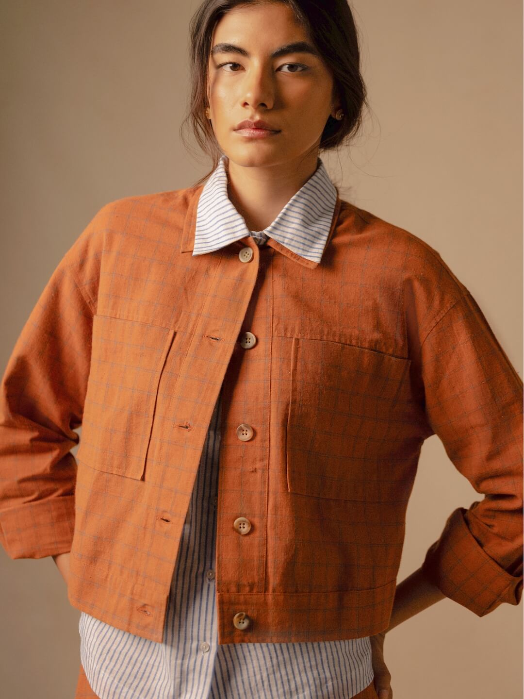 Women's Rust Cotton Linen Regular Fit Jacket